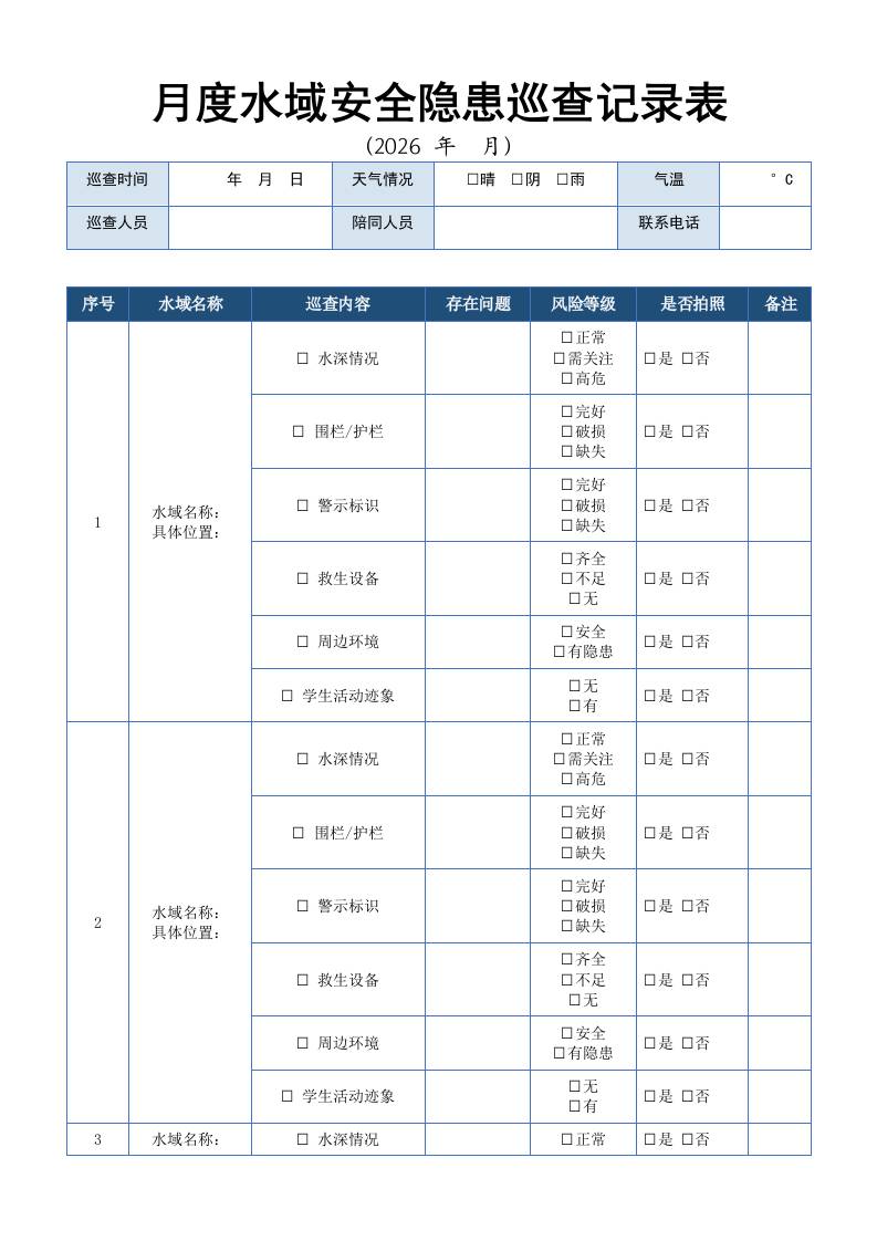 月度水域安全隐患巡查记录表-教务资料网
