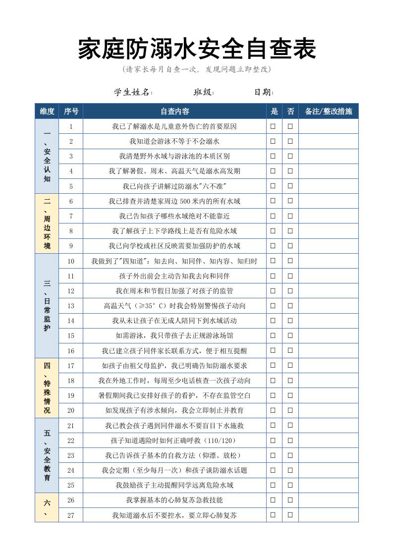 家庭防溺水安全自查表-教务资料网