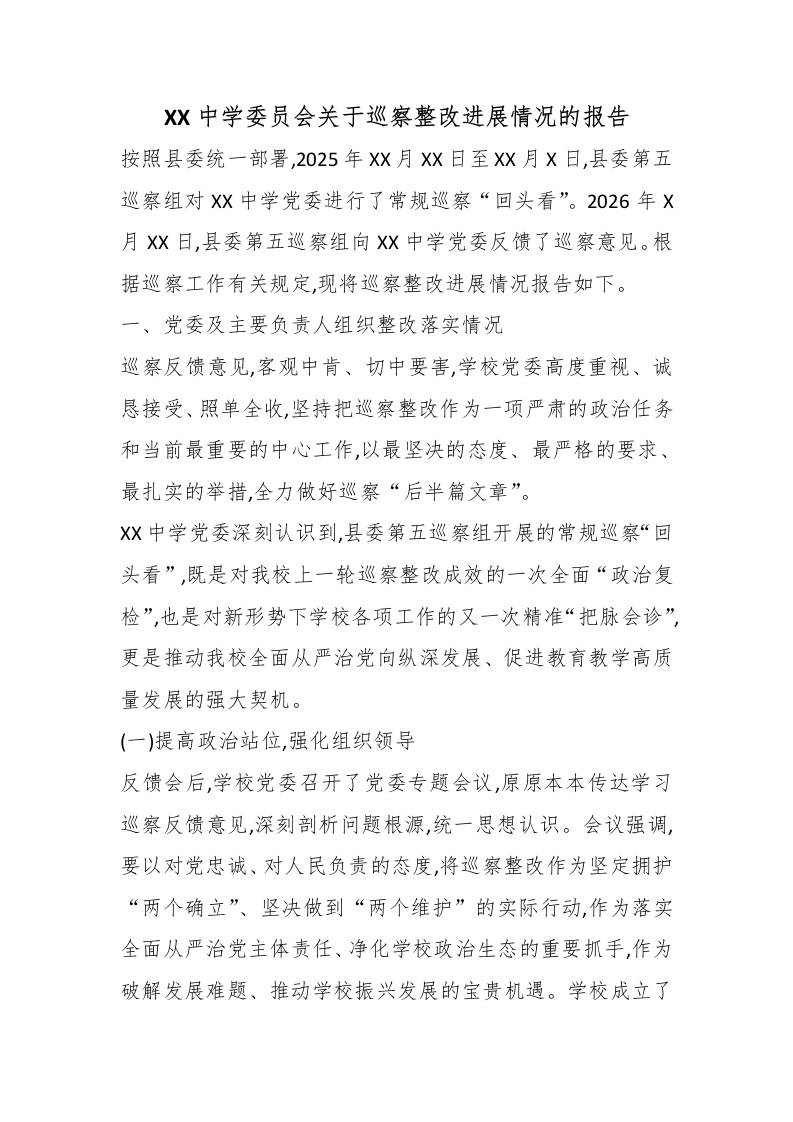 中学委员会关于巡察整改进展情况的报告-教务资料网