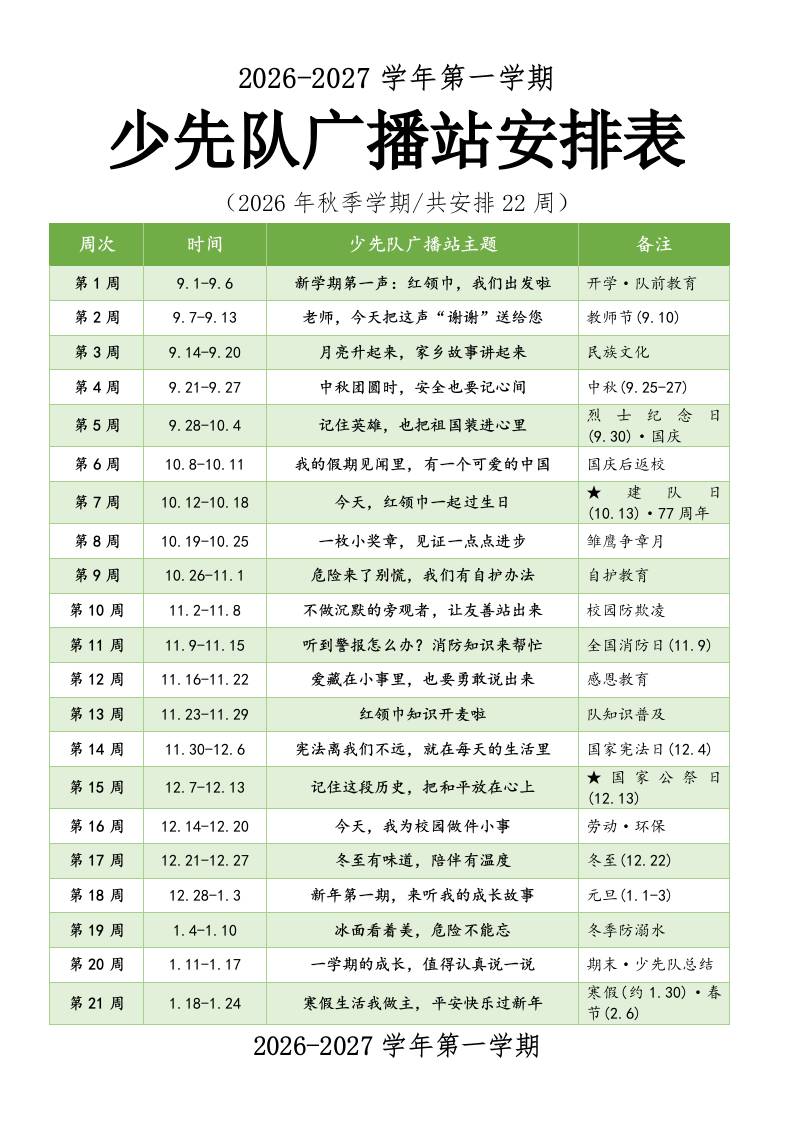 2026年秋季学期德育（少先队）工作九联表合集-教务资料网