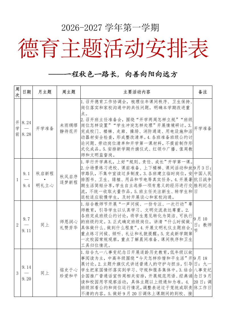 2026-2027学年第一学期德育主题活动安排表——一程秋色一路长，向善向阳向远方-教务资料网