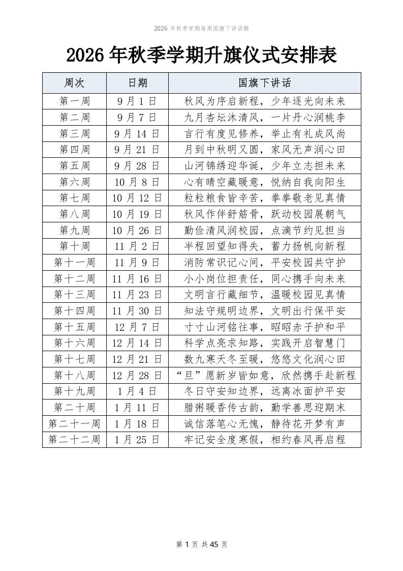 2026年秋季学期每周国旗下讲话稿（22周完整版）-教务资料网