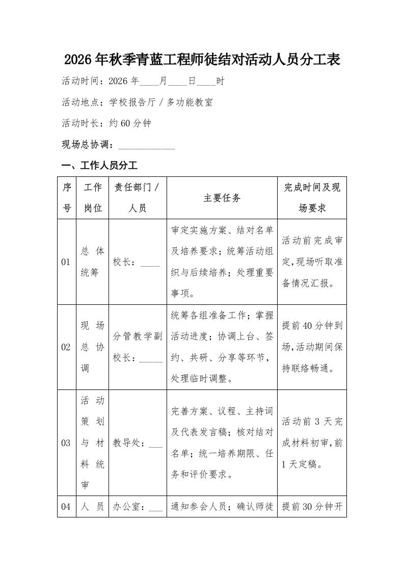 10青蓝携手薪火相传——2026年秋季青蓝工程师徒结对活动工作人员分工表-教务资料网