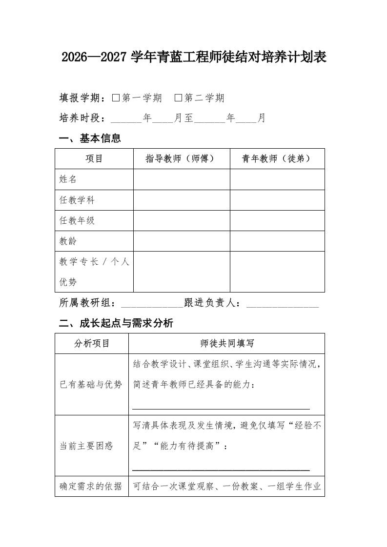 7青蓝携手薪火相传——2026—2027学年度青蓝工程师徒结对培养计划表-教务资料网