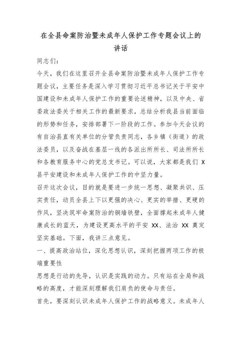 在全县命案防治暨未成年人保护工作专题会议上的讲话-教务资料网