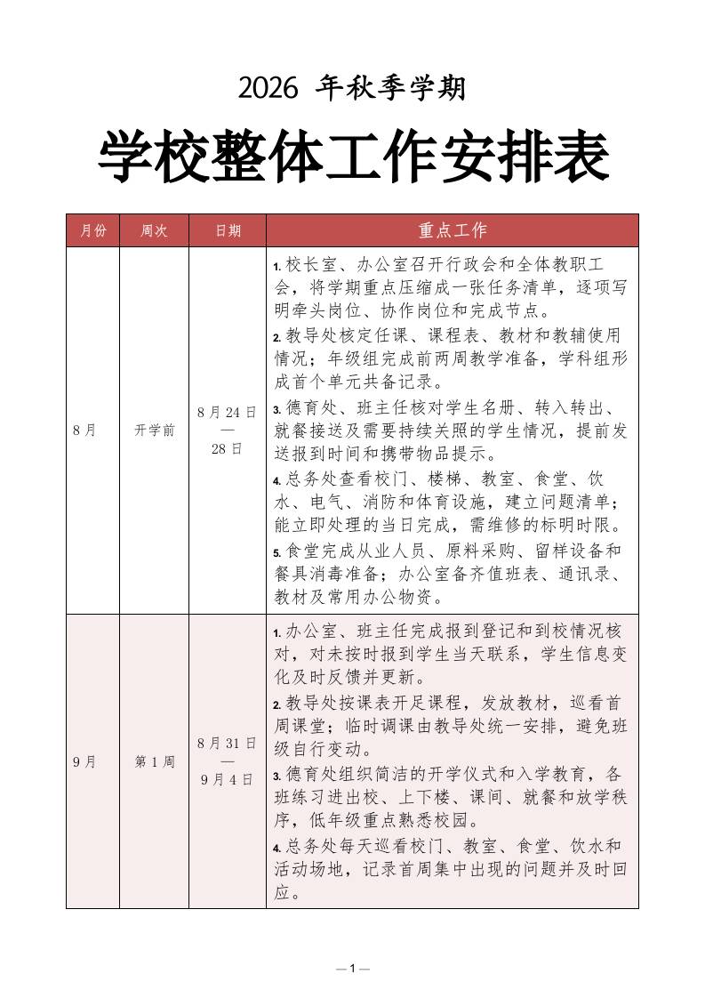 2026年秋季学期学校整体工作安排表-教务资料网