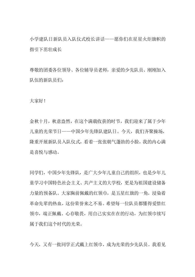 小学建队日新队员入队仪式校长讲话——愿你们在星星火炬旗帜的指引下茁壮成长-教务资料网